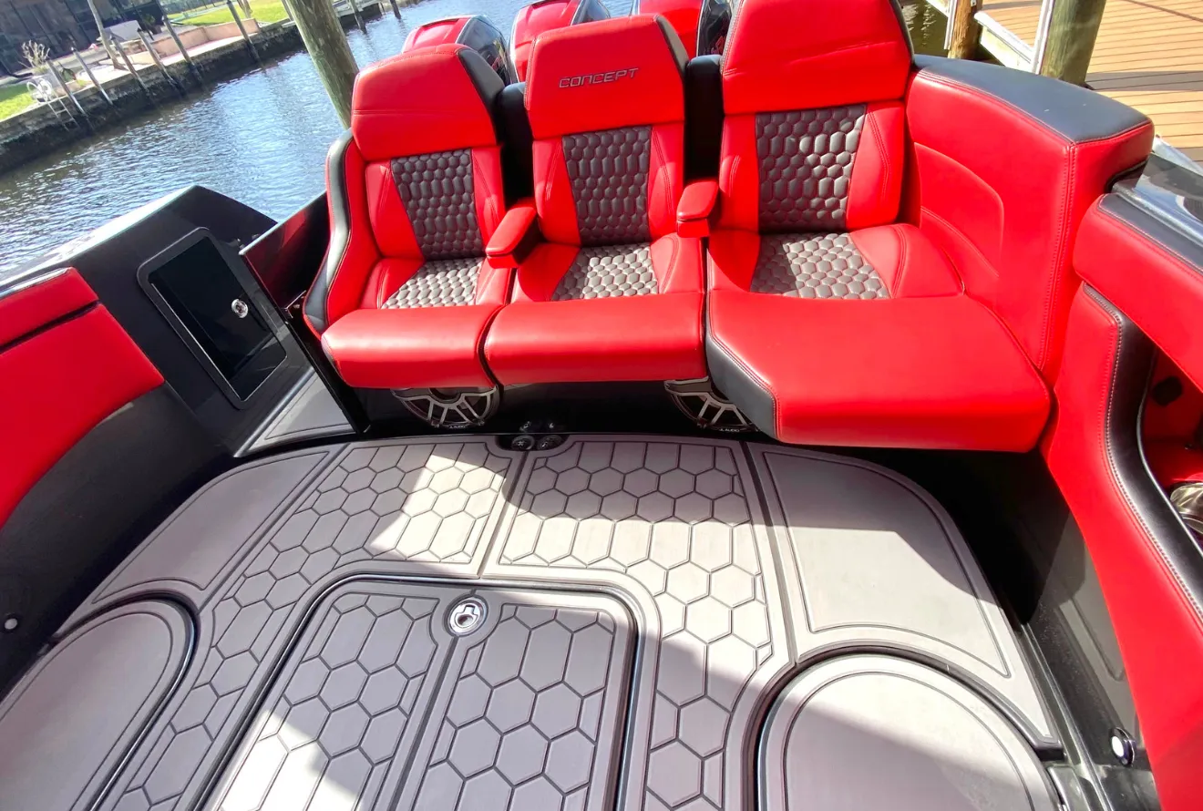 Performance boat foam decking with red upholstery