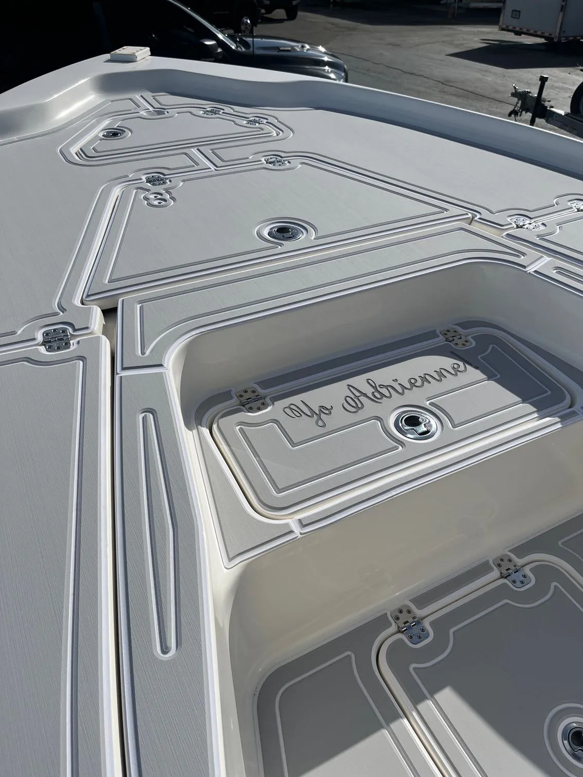 Bow foam decking with custom script name inlay