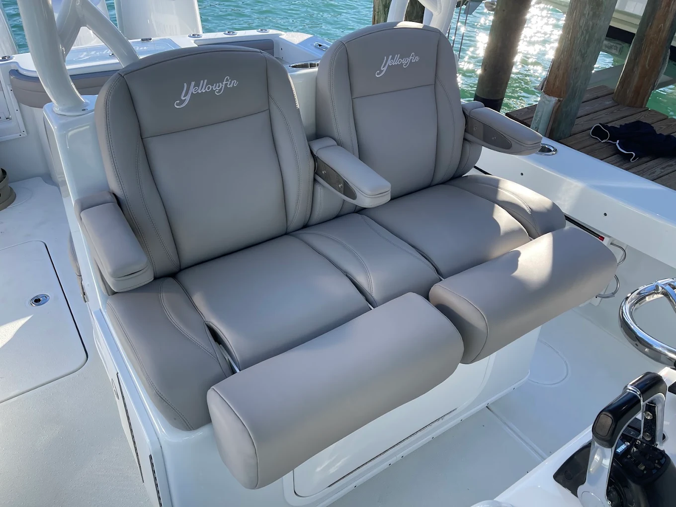 Gray helm seats with embroidered Yellowfin logo