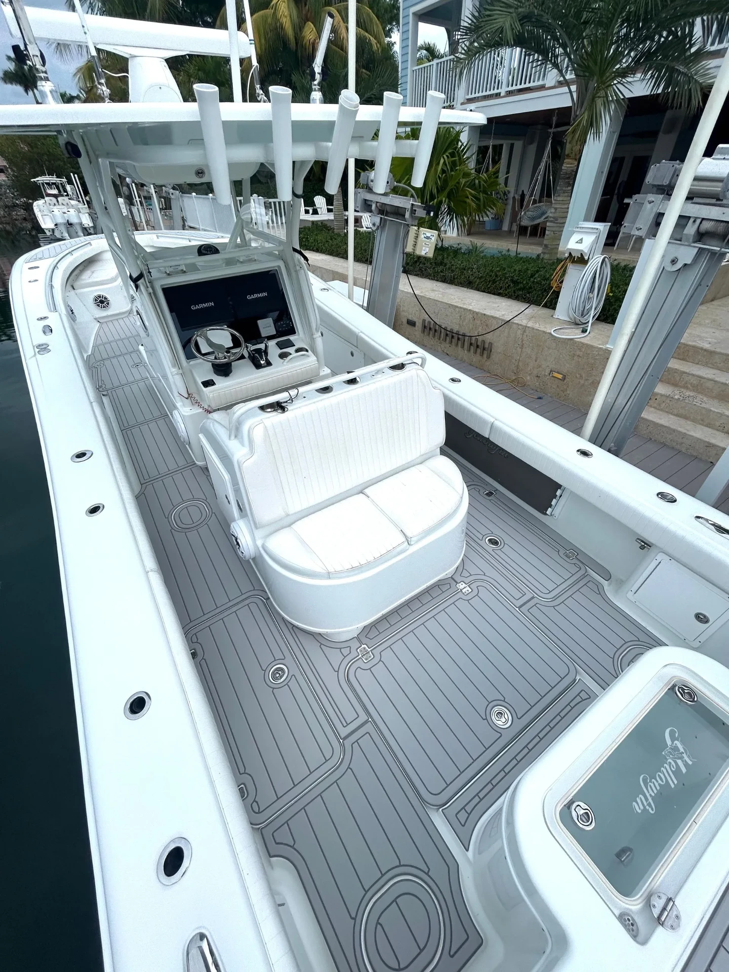 Bay boat foam decking with custom name panel