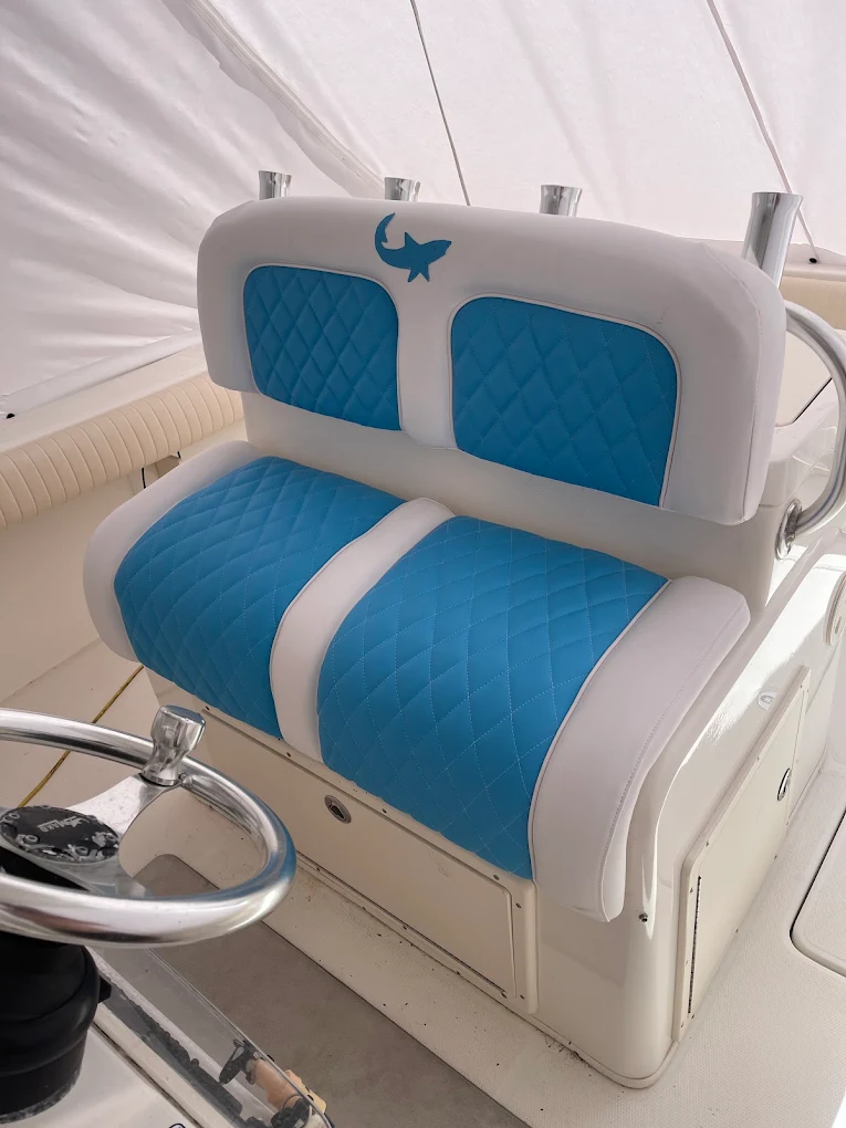 Diamond-stitched blue and white console seating