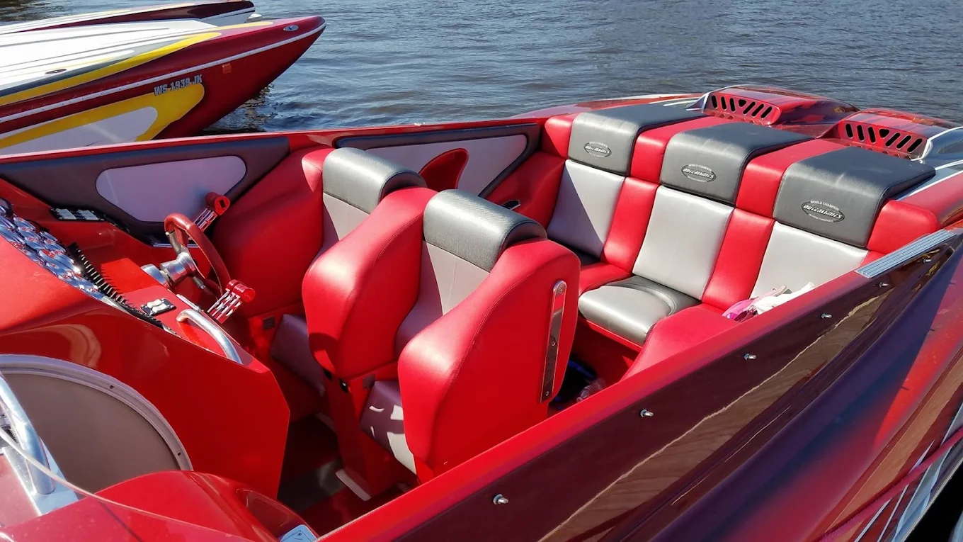 Red and white performance boat interior